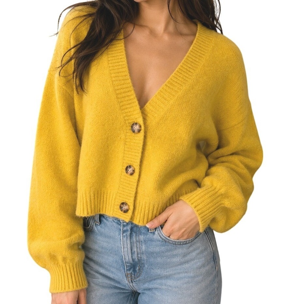 Baum und Pferdgarten Yellow Cropped Cardigan Balloon Sleeve V-Neck Sweater Med